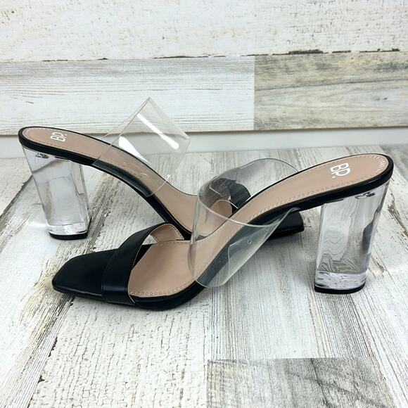 BP Women’s 10 Naomi Black Faux Leather Clear Block Heel Slip-On Sandals NEW - Picture 6 of 8